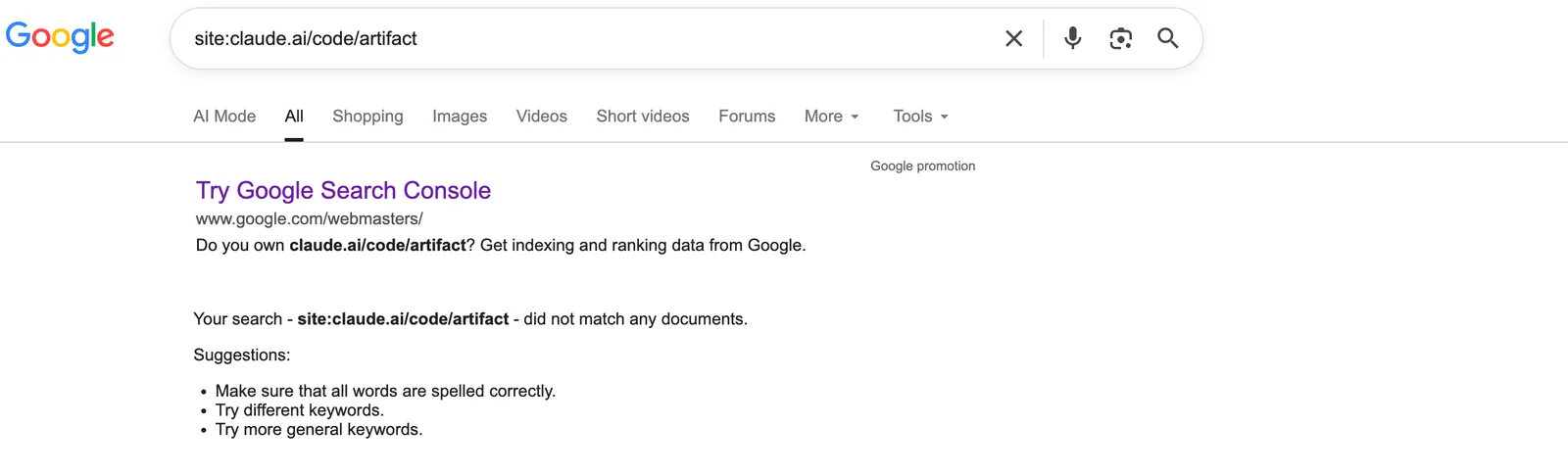Searching Google for the Claude Code artifact path returns nothing. The no-index header holds.