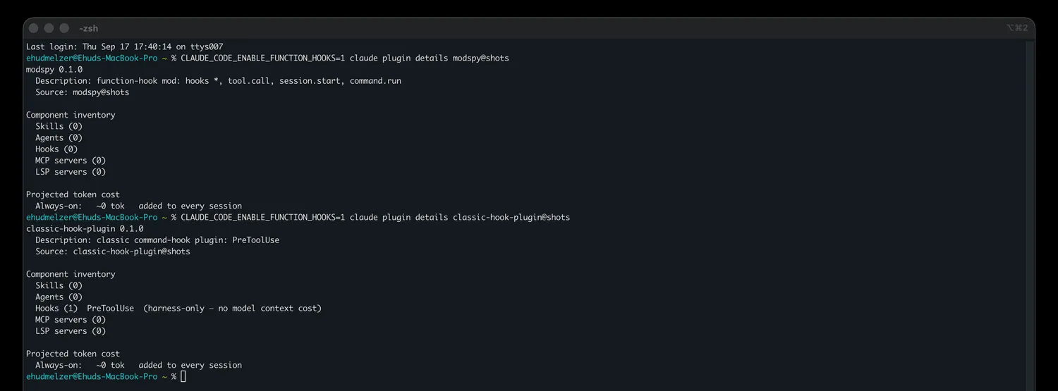 plugin details showing Hooks (0) for the function-hook mod and Hooks (1) for the classic plugin