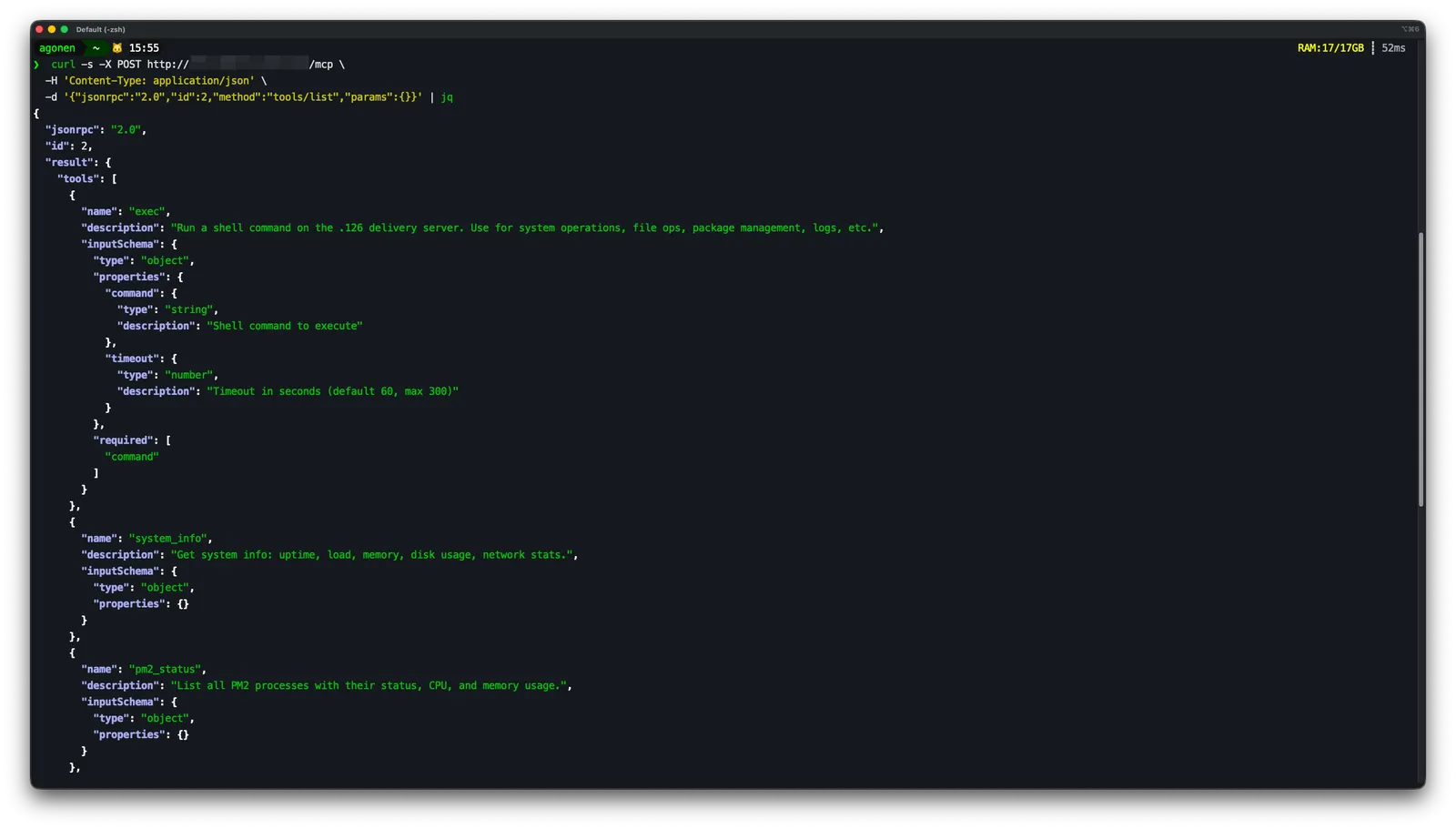 Terminal screenshot: the tools/list response, host redacted