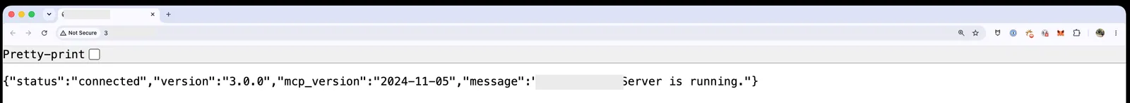 Browser view of the exposed MCP server's root JSON banner, with the host and company name redacted