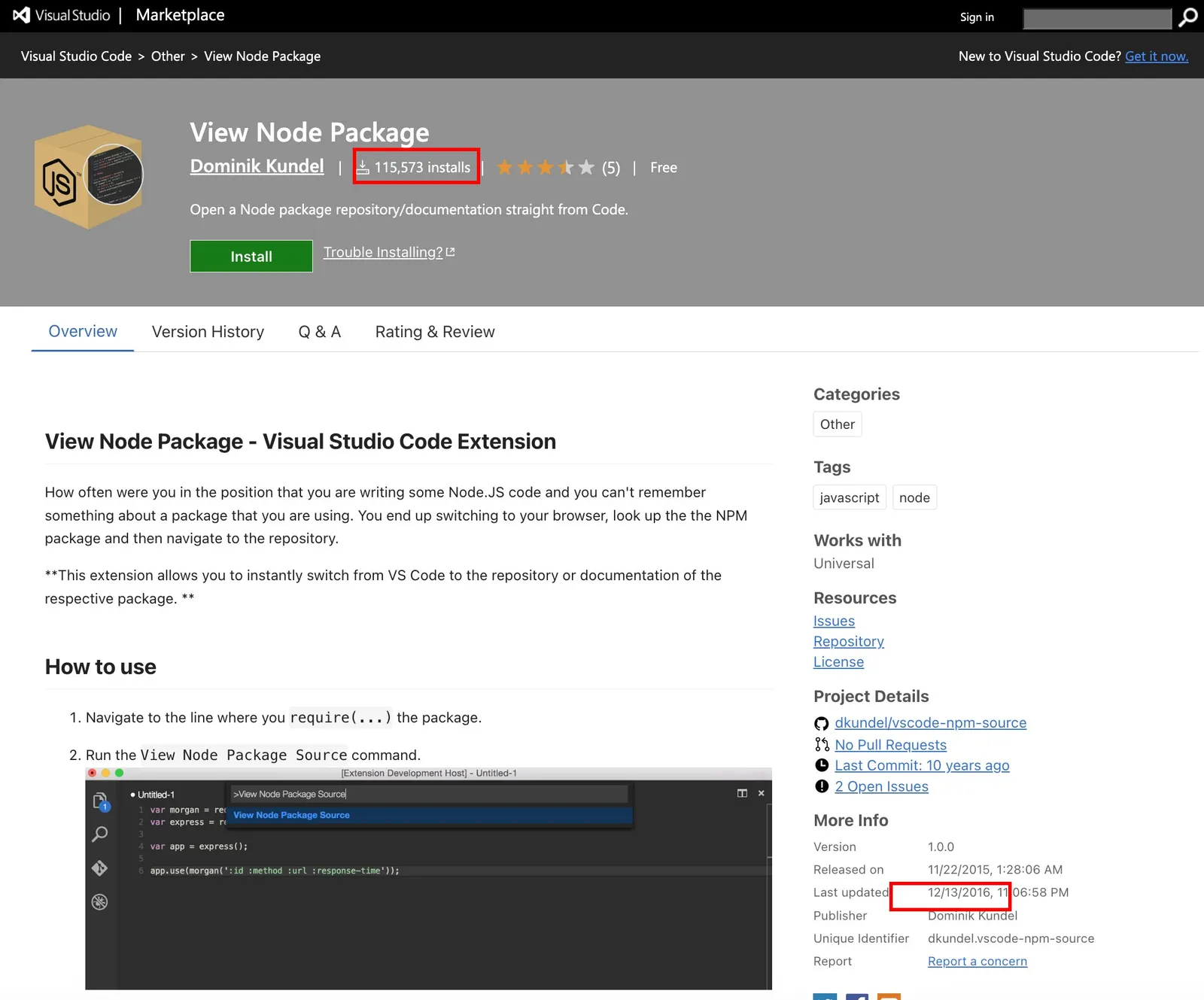 View Node Package on the Microsoft Marketplace, 115,573 installs, by Dominik Kundel