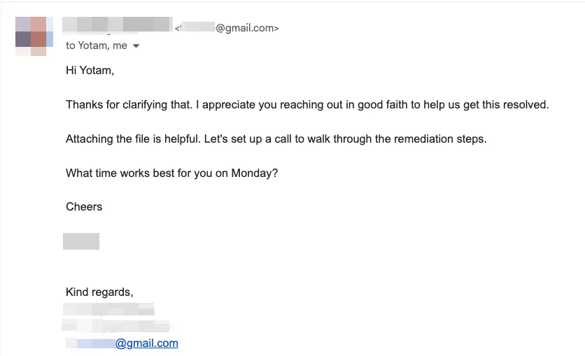Email reply from the affected company thanking the researcher and scheduling a remediation call, names redacted