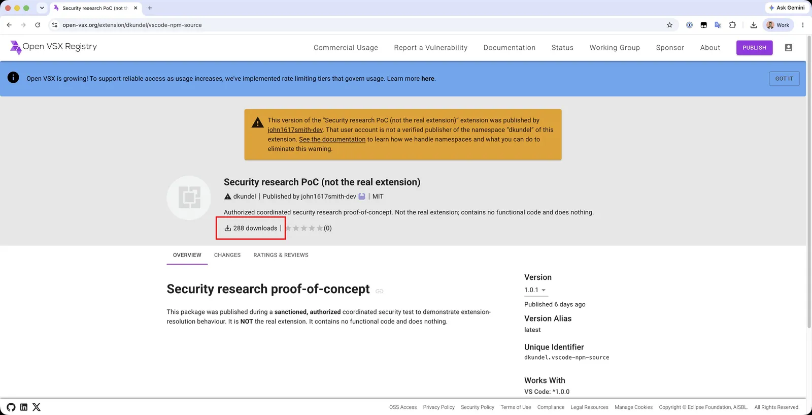 Our PoC extension's Open VSX page showing 288 downloads in six days