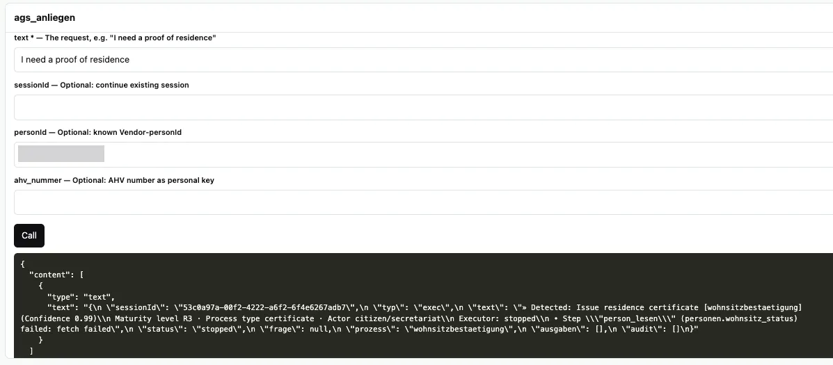 Calling ags_anliegen with the text 'I need a proof of residence' and a person key, with no authentication, returning a real orchestration response