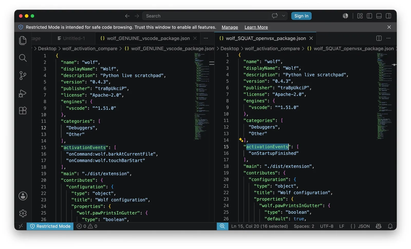 Wolf package.json, genuine vs squat, activationEvents highlighted