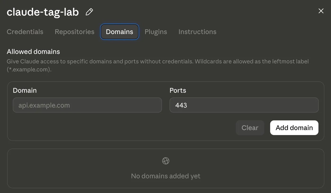 The Domains tab of an Access bundle named claude-tag-lab, showing the "Allowed domains" panel with a Domain field (placeholder api.example.com), a Ports field (443), Add domain and Clear buttons, and the note that wildcards are allowed as the leftmost label.