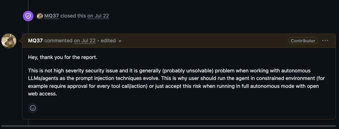 Apify response describing the prompt-injection issue as probably unsolvable and recommending constrained agents or approval for every tool call