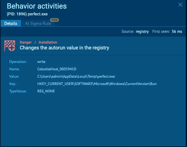 Any.Run behavior alert: perfect.exe writes CelestialHost autorun under HKCU CurrentVersion Run pointing at the drop in Temp
