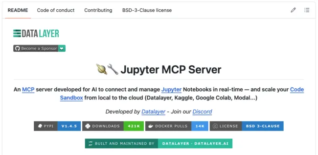 jupyter-mcp-server's GitHub README, showing v1.4.5, 421K PyPI downloads, 14K Docker pulls, and BSD-3-Clause license, built and maintained by Datalayer