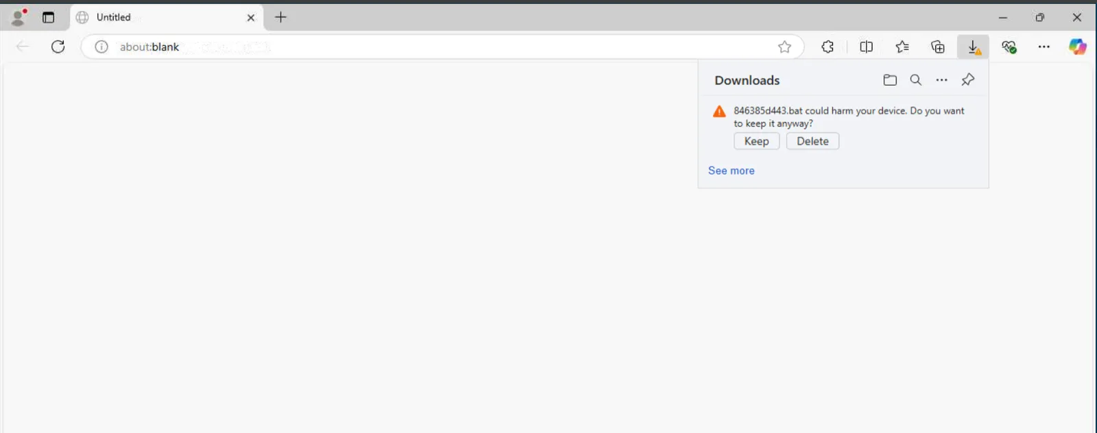 Browser SmartScreen warning that 846385d443.bat could harm your device