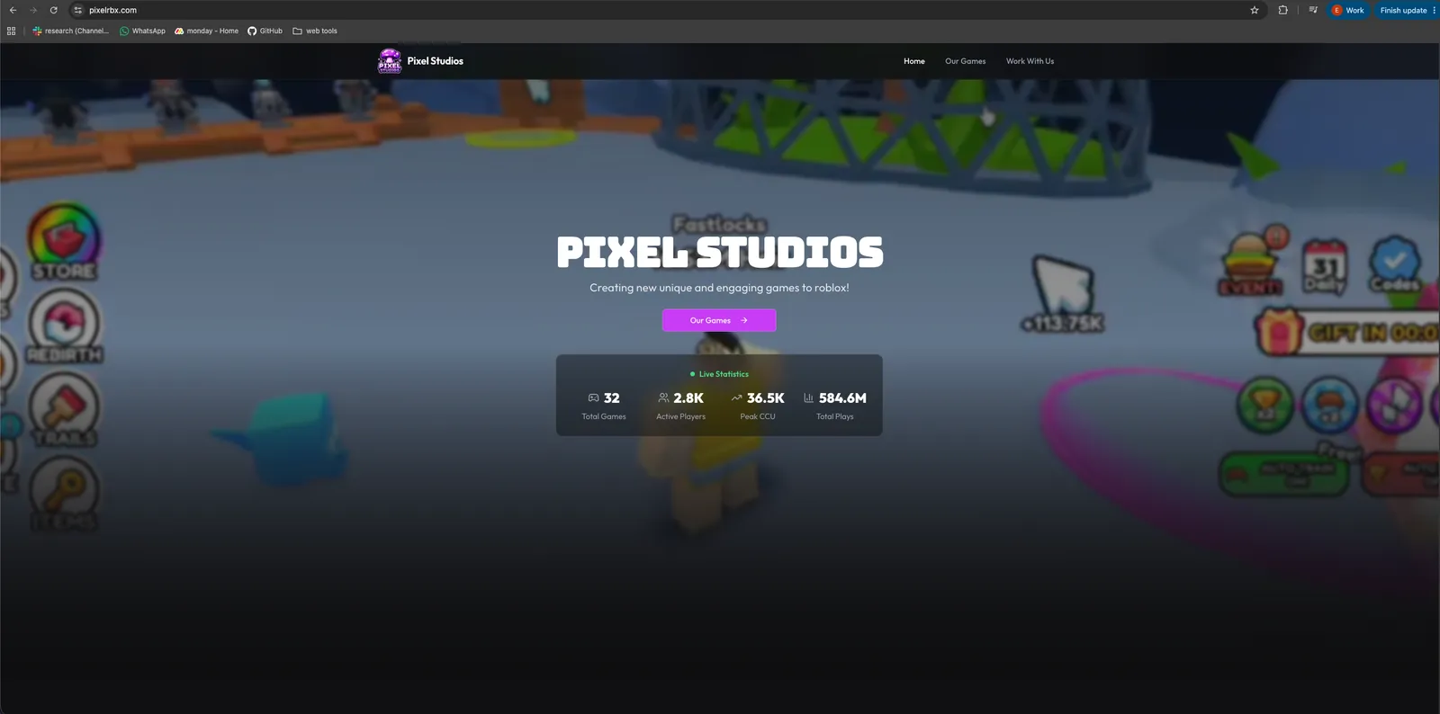 The pixelrbx.com front page, using Roblox studio branding as cover for the stage-two download host