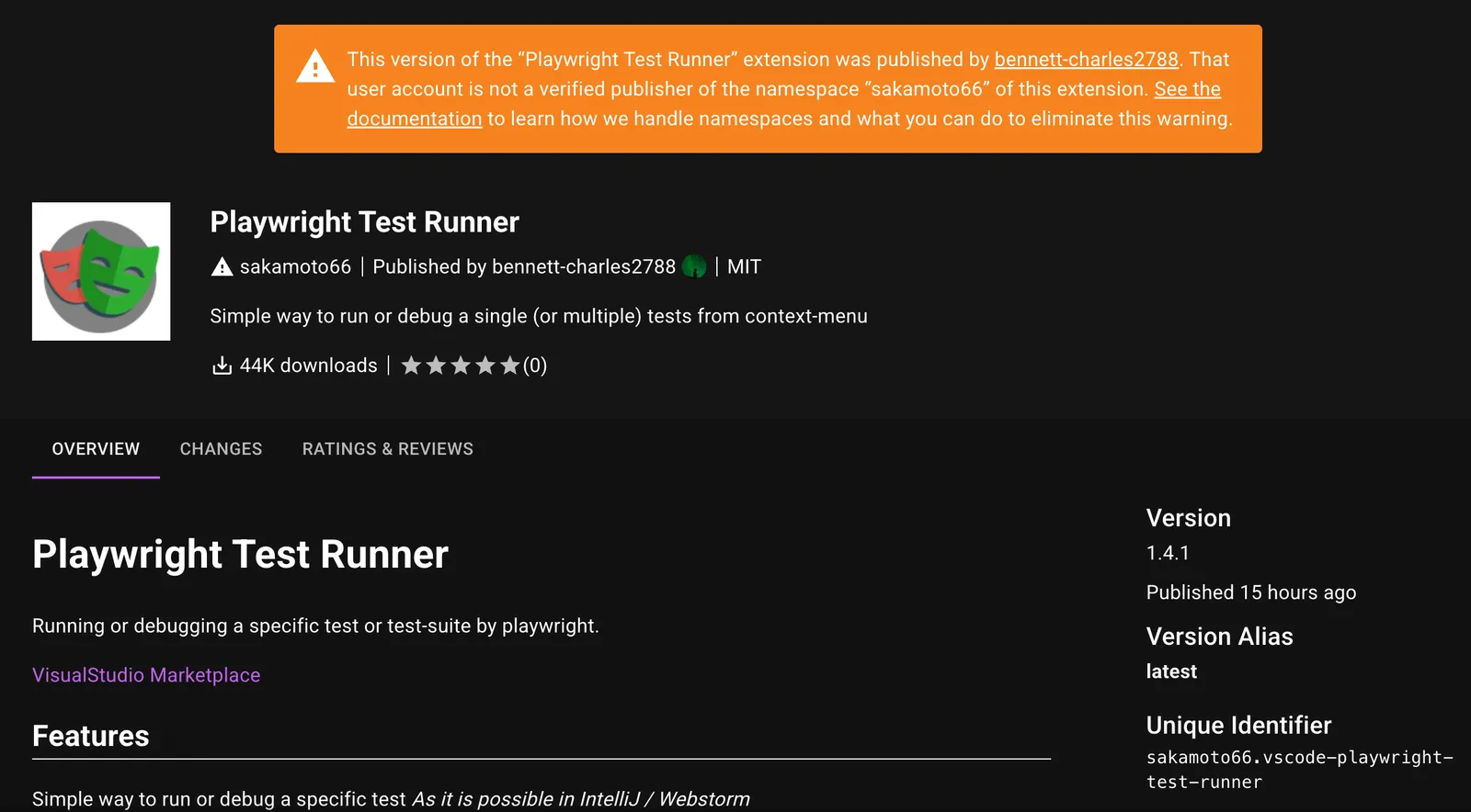 Open VSX warning showing Playwright Test Runner was published by an unverified account for the sakamoto66 namespace