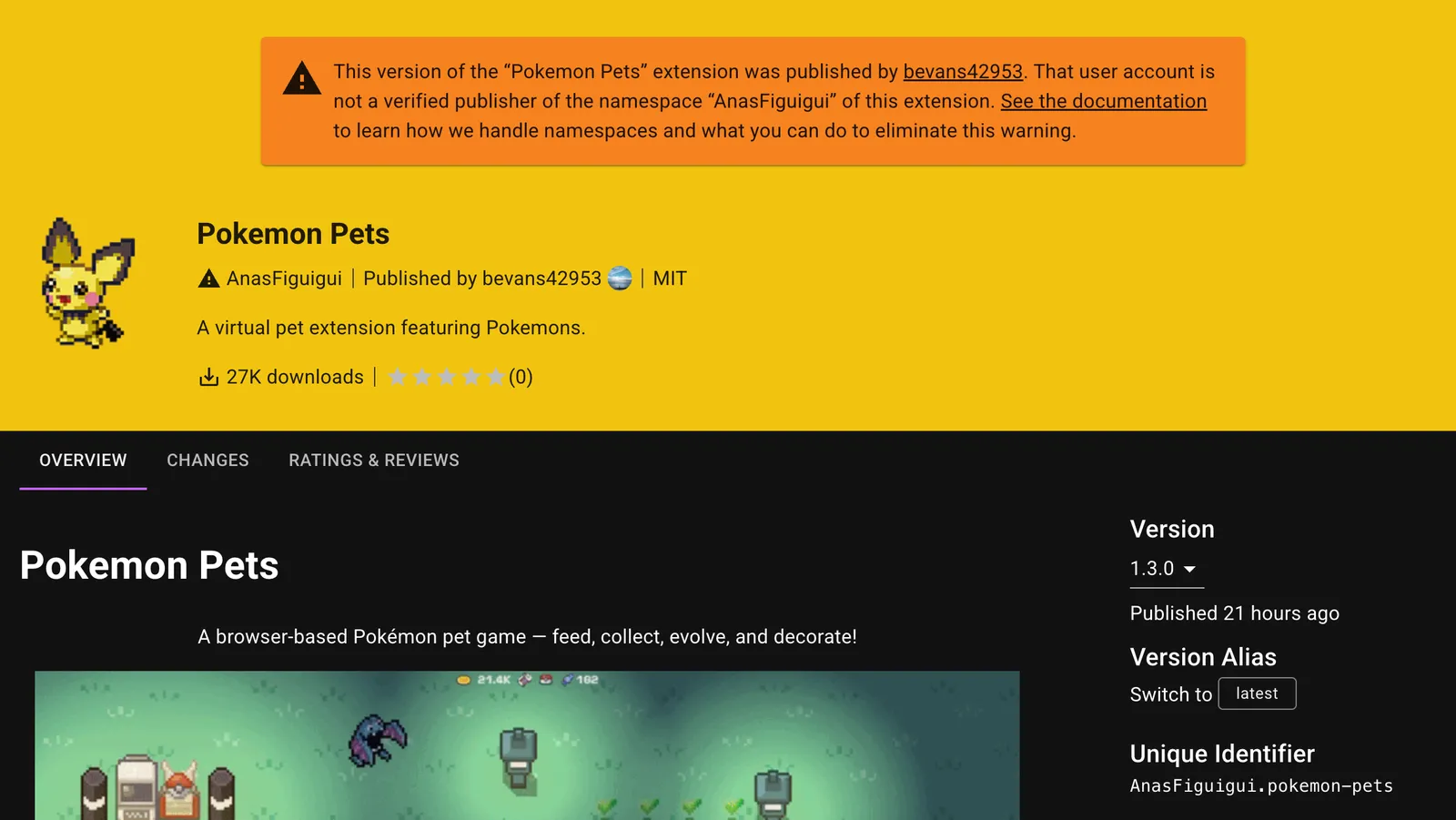 Open VSX warning showing Pokemon Pets was published by an unverified account for the AnasFiguigui namespace