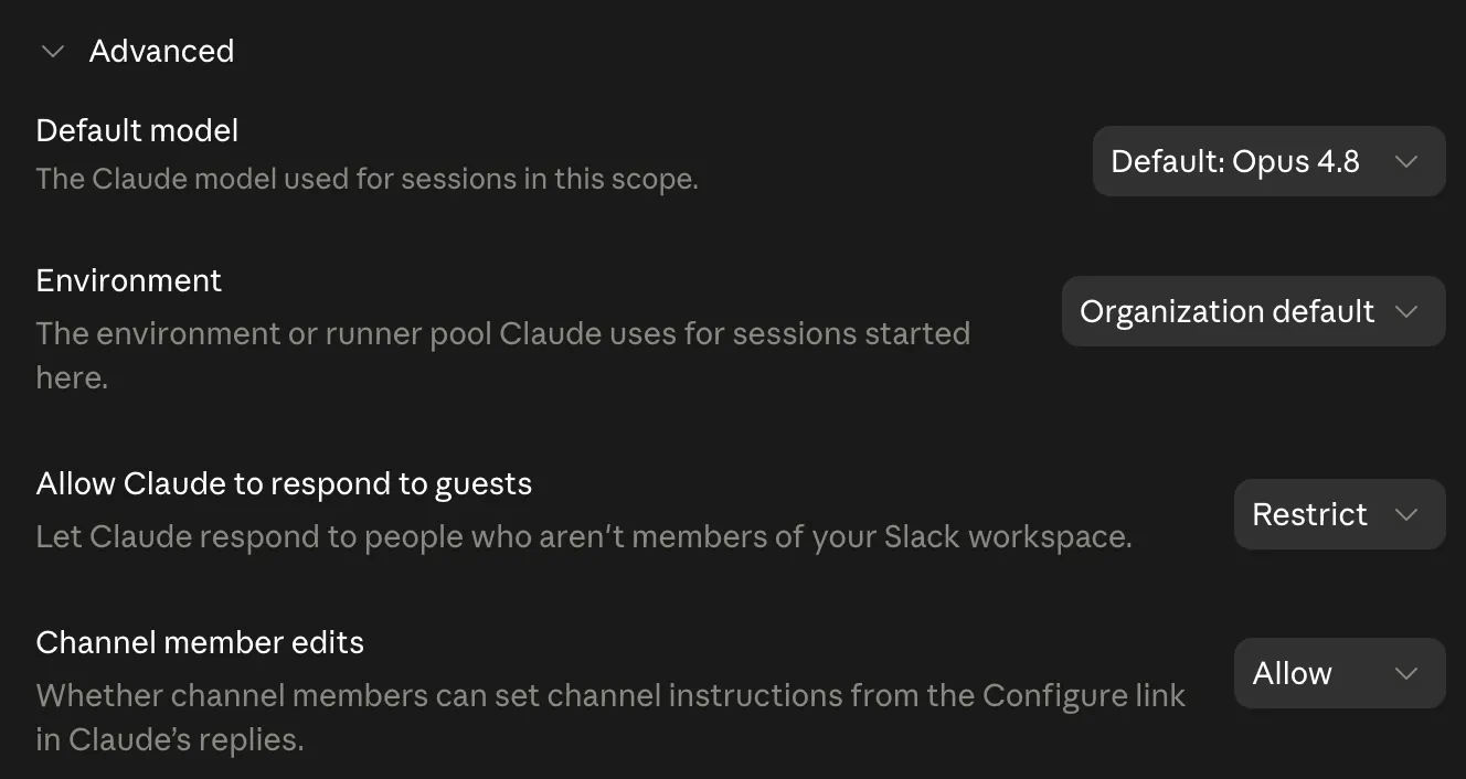 Per-scope Advanced settings showing a Default model selector, an Environment selector, an "Allow Claude to respond to guests" control set to Restrict, and a "Channel member edits" control set to Allow.
