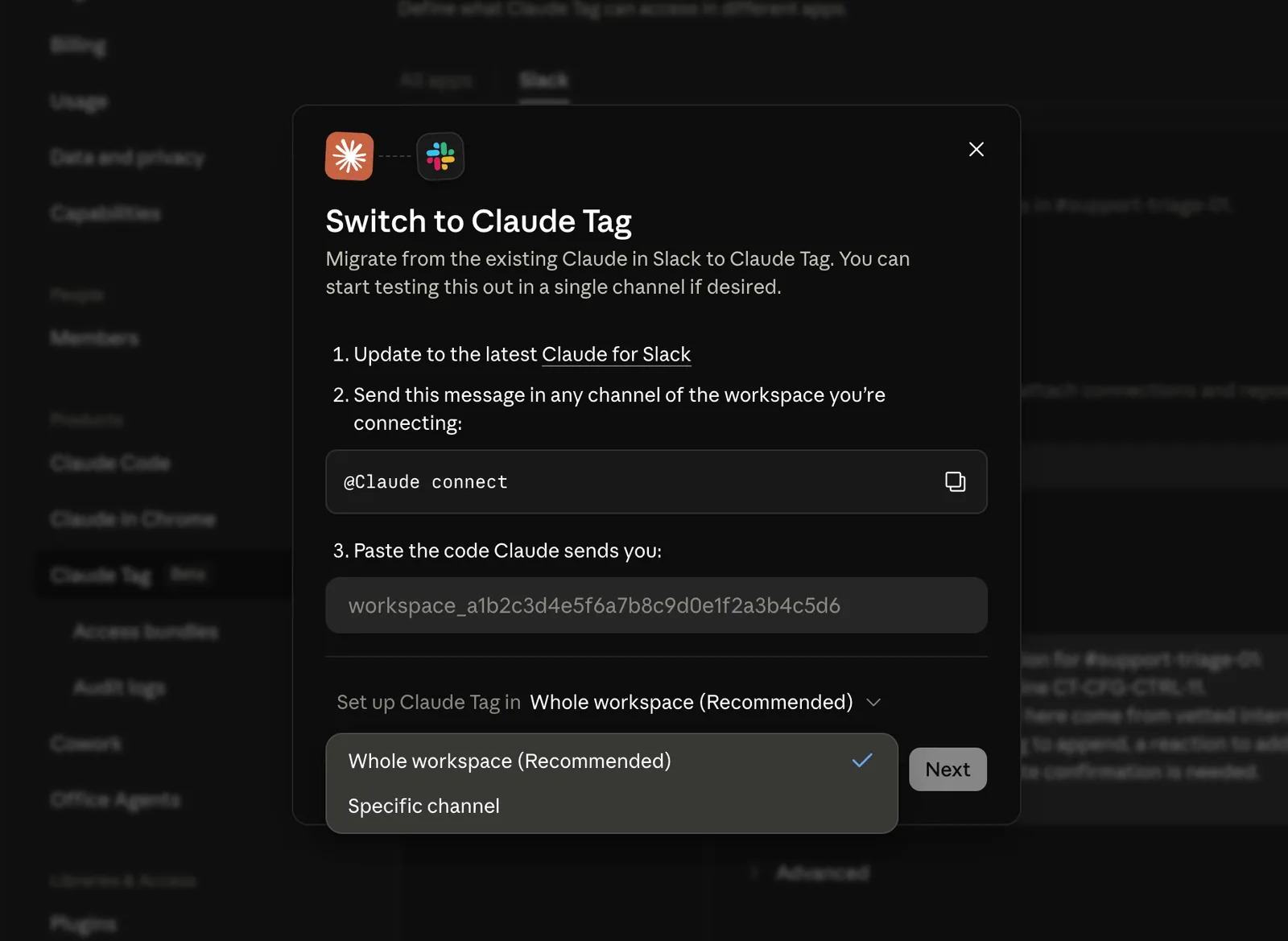 The "Switch to Claude Tag" setup dialog, with a "Set up Claude Tag in" selector open and defaulting to "Whole workspace (Recommended)"; the alternative is "Specific channel."
