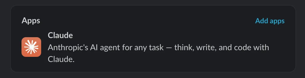 The Claude app as it appears in Slack's Apps list, described as "Anthropic's AI agent for any task."