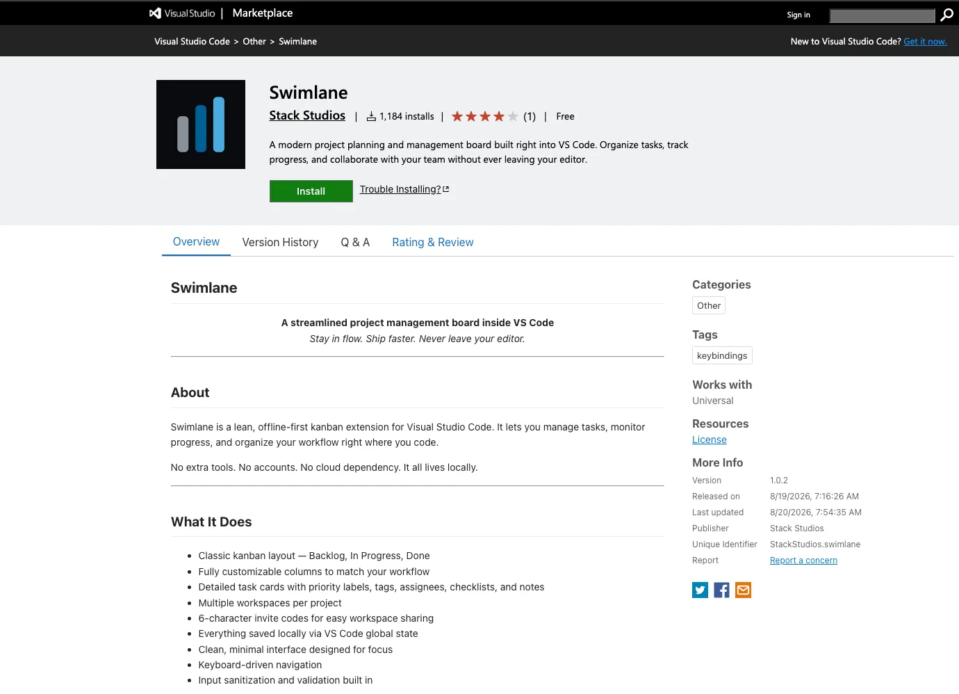 VS Marketplace listing for StackStudios.Swimlane 1.0.2 - Kanban planner branding, Install button, and offline-first marketing copy