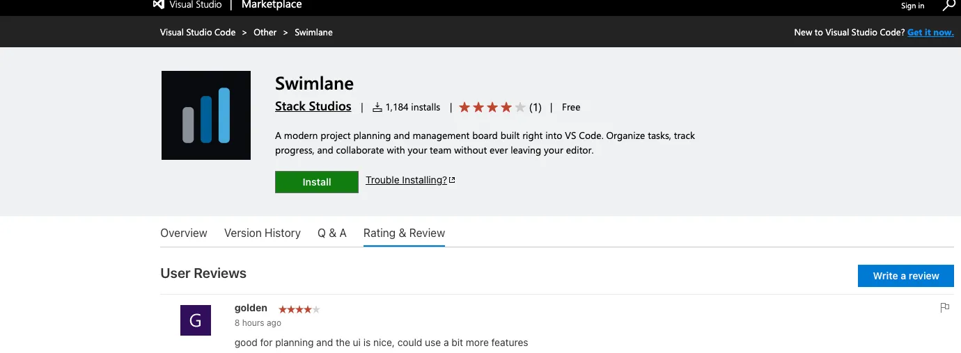 Swimlane Marketplace Rating and Review tab - a single four-star review from golden posted hours after the listing