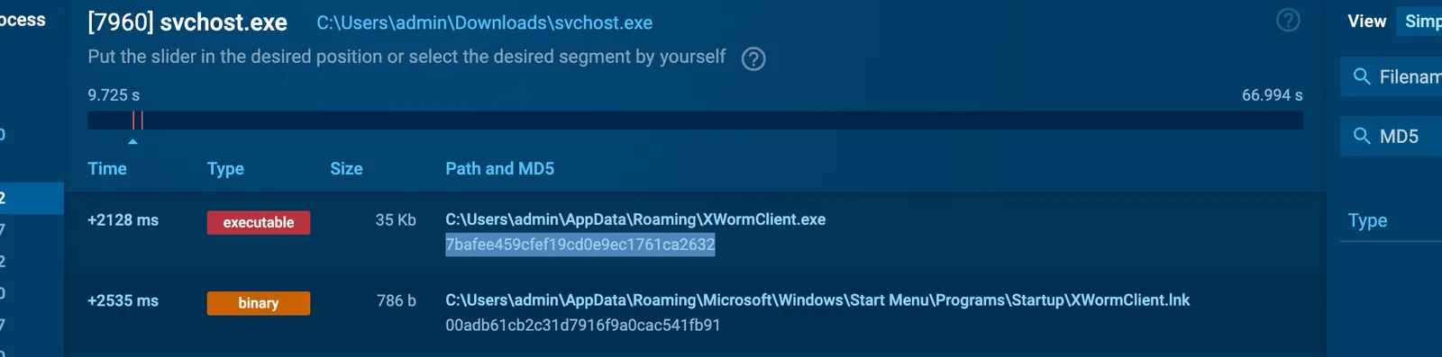 ANY.RUN modified-files view showing XWormClient.exe (35 Kb, MD5 7bafee459cfef19cd0e9ec1761ca2632) dropped to AppData\Roaming, and its matching Startup .lnk shortcut